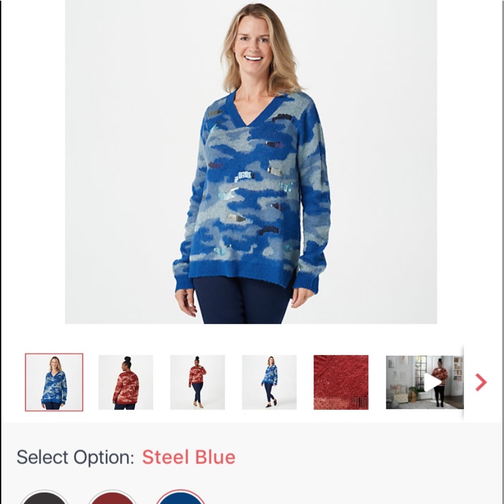 LOGO LAVISH. Hi-Low Blue Camouflage Sweater with sequin details. Gorgeous!